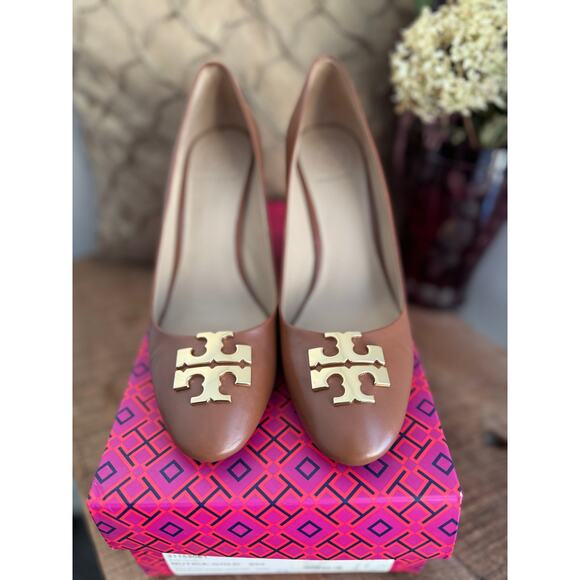 Tory Burch Raleigh Wedge Pumps Brown Leather Nutria Gold Sz. 7.5 - Picture 3 of 7